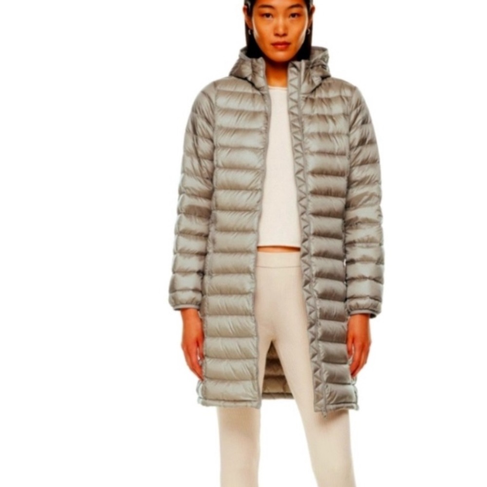Aritzia Light Gray Long Puffer Coat with Hood